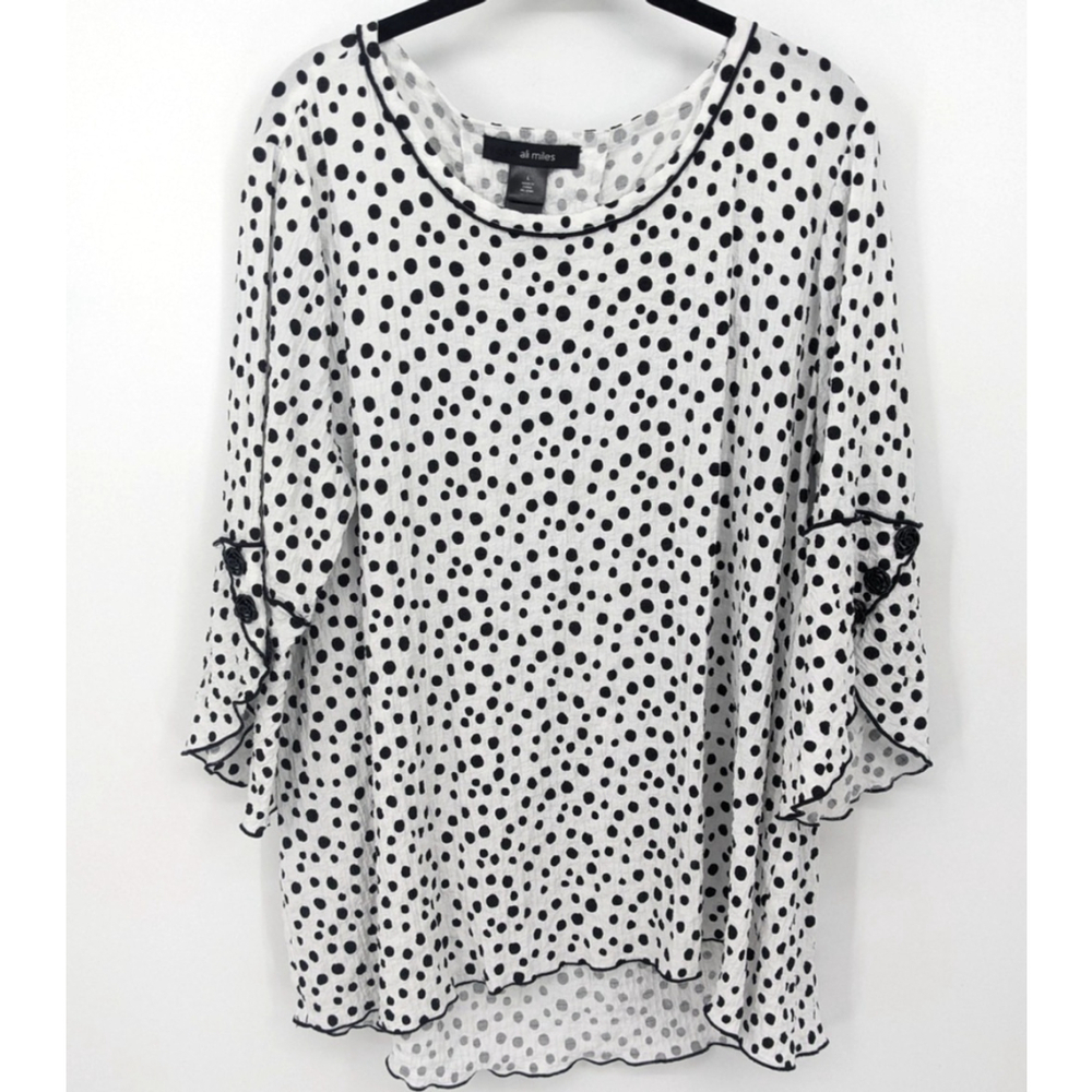 Ali Miles Shirt Women Large Black White Polka Dot Ruffle Bell Sleeve Crinkle Top
